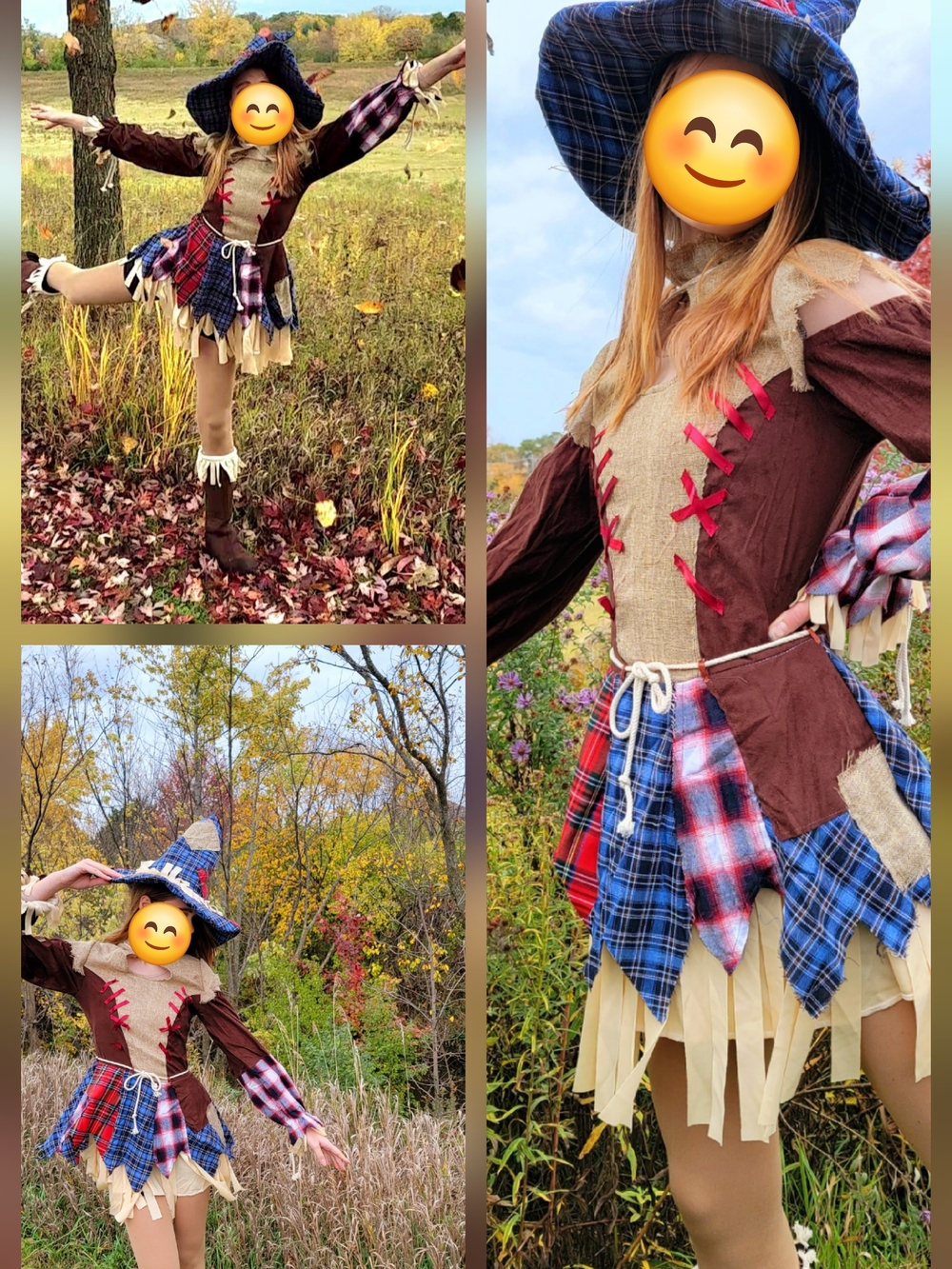 Girls Scarecrow Costume with Patchwork Skirt and Hat.